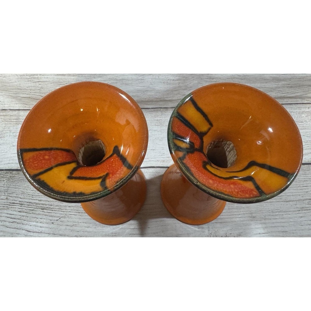 Mid Century Pair of Bo Melander Danmark Trumpet Candle Holders MCM Orange Retro - Picture 3 of 9